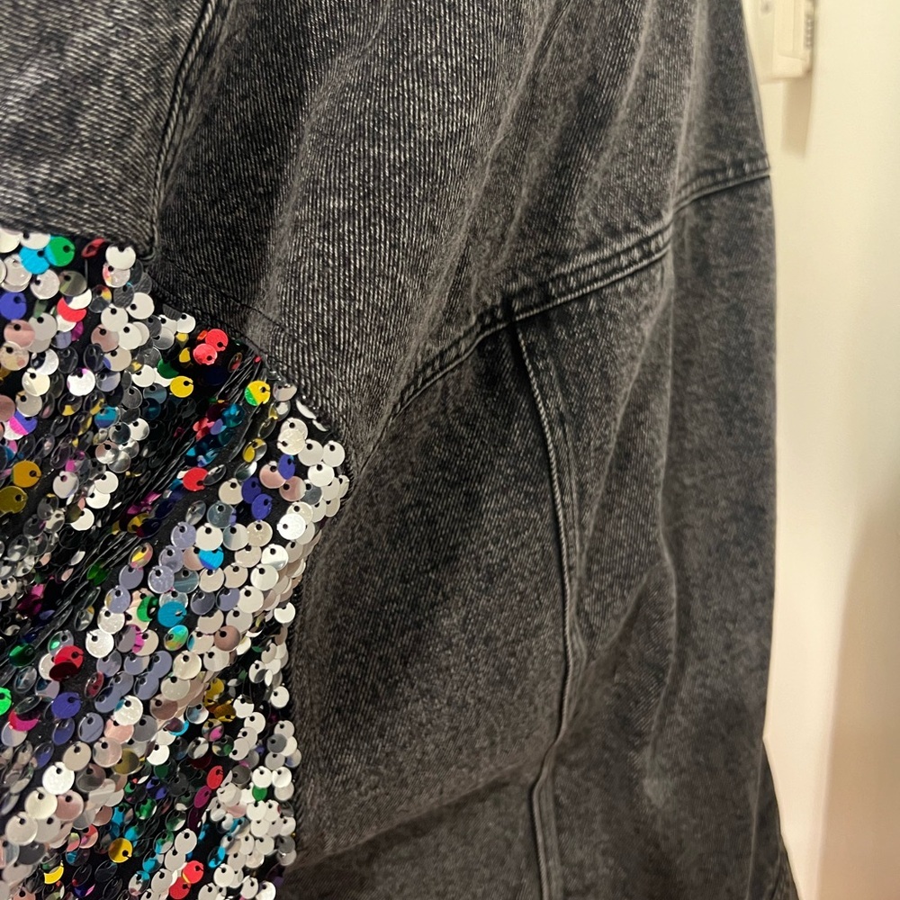 Flying Tomato Sequin Sleeve Denim Jacket Black L New Glam Festival - Picture 9 of 13